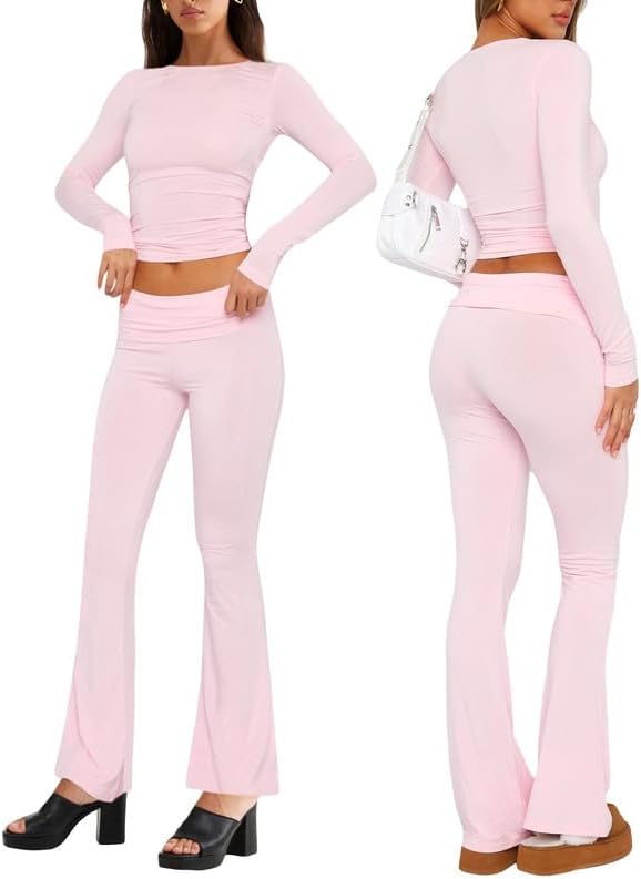 Casual Women's Two Piece Outfit Basic Long Sleeve Crop Top with Low Rise Flare Pants Set Lounge 2 Piece Yoga Tracksuit