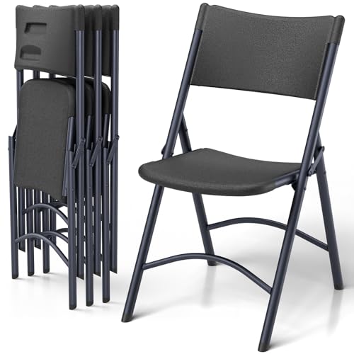 MAKE CHANGES Folding Chairs 4 Pack, Outdoor Portable Foldable Chair with Steel Frame, 500lbs Capacity Heavy Duty Metal Black Plastic Folding Chairs for Patio, Picnic, Kitchen, Dining
