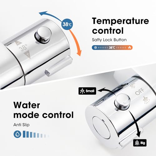 Rubinetto doccia miscelatore termostatico doccia, miscelatore termostatico doccia per bagno doccia cromato, miscelatore doccia termostatico con pulsante di sicurezza 38 °C (Due fori) - 3