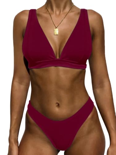 Image of Bathing Suits for Women Deep V Neck Sexy Two Piece Bikini Sets for Women Thong Halter Cheeky Swimsuit