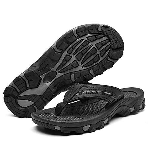 Broyon Mens Sport Thong Sandals Beach Leather Flip Flops With Arch Support Summer Casual Outdoor Slides Size 9.5 Black Gray #TOP5
