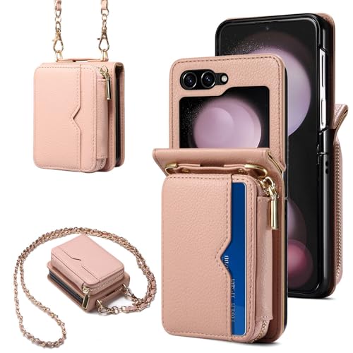 Étui Galaxy Z Flip 6 rose avec sangle portefeuille pour garder les mains libres en ville