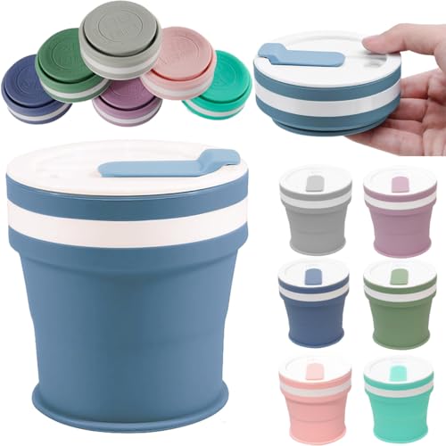 折り畳みコップ 耐熱 折りたたみ式 携帯コーヒーコップ 350ml 蓋付き 折りたたみカップ 食品級シリコン 挿入可能なストロー 折り伸縮式 おしゃれ 軽量 便利 漏れ防止 食器 旅行 通勤 通学 アウトドア 旅行 キャンプ用 (ブルー,穴のある蓋)