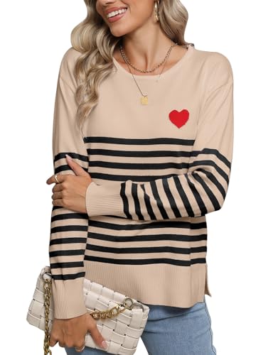 shermie Women's Striped Sweaters Long Sleeve Crew Neck Chest Cute Heart Pullover Sweater Khaki&Black X-Large