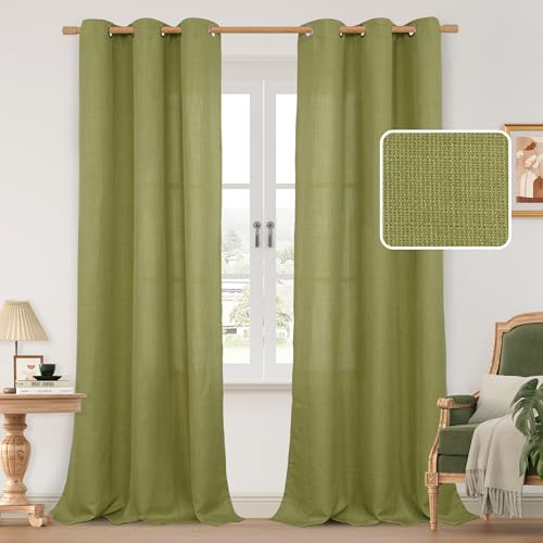 Image of LAMIT Moss Green Linen Curtains for Living Room, 84 Inch Faux Linen Textured Privacy Drapes Grommet Boho Window Panels for Farmhouse /Bedroom, Set of 2 Panels, 38 x 84 Inch