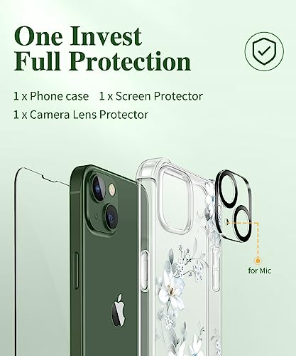 Gviewin Designed For Iphone 13 Case 6.1 Inch, With Tempered Glass Screen Protector + Camera Lens Protector Clear Flower Soft & Flexible Shockproof Floral Women Phone Cover (Serissa/White) #TOP6