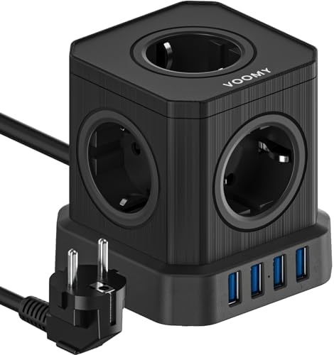 VOOMY 9 w 1 kostka zasilająca z USB, listwa zasilająca 5-drożna z 4 USB, gniazdo wielokrotne z wyłącznikiem, listwa przeciwprzepięciowa, 2500W Powercube 2M kabel do biura, domu, Czarny