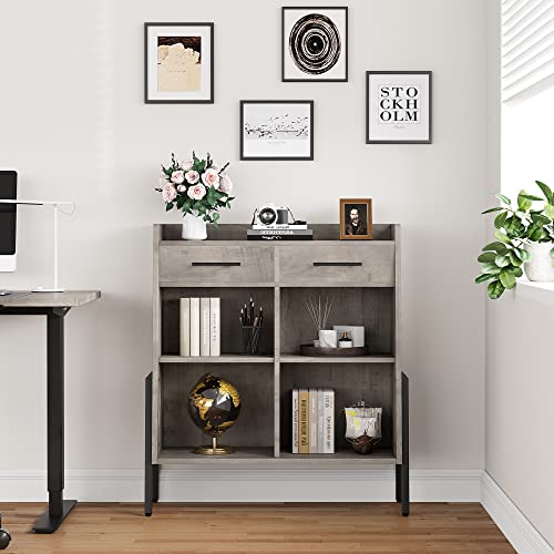 Idealhouse Bookcase Horizontal Bookshelf Short Bookcases With Drawers Small Storage Shelves 4 Cube Organizer Metal Frame Wood Display Cabinet For Bedroom, Living Room, Home Office, Grey #TOP7