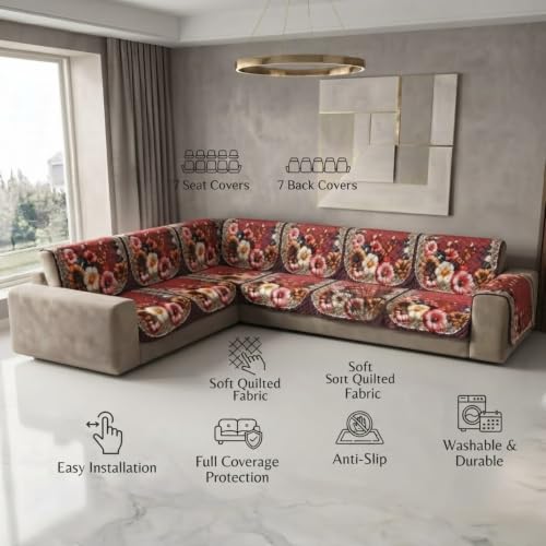 Image of L Shape Sofa Cover 3+2 Seater Pack of 14 (Maroon 7D)
