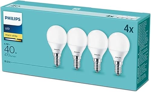 Philips Golfball/Mini Globe Frosted LED Light Bulb, E14, 5.5W, 470 Lumens, Warm White 2700K - 4 Pack [Energy Class A+]