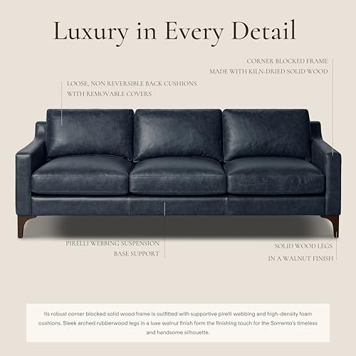 Image of Poly & Bark Sorrento Leather Couch - 86 Inch Sofa - Full-Grain Leather Sofa for Living Room with Feather Down Topper - Living Room Couch - Pure Aniline Vintage Italian Leather in Nightfall Blue