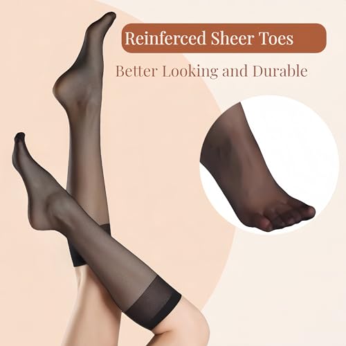 leg elegant Sheer Knee High Stockings for Women, 6 Pairs Nude and Black Knee High Reinforced Toe Nylons Pantyhose for Women4