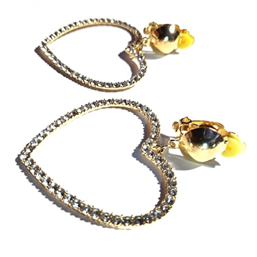 Clip-On Earrings Heart Crystal Earrings Gold Or Silver Tone 2 Inch (Gold) #TOP1