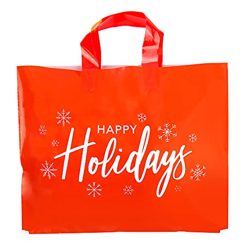 Plastic Shopping Bags for Boutique - 15x12" + 5" Gusset - Red Happy Holidays Print - 50 Retail Bags with Handles Wholesale - Boutique Bags for Clothes