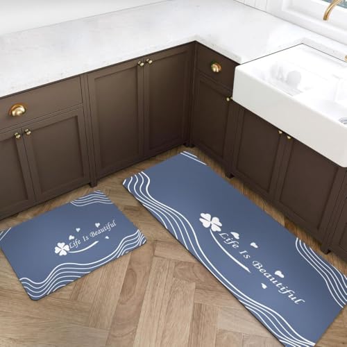 Image of Kitchen Anti Slip Mat for Floor, Waterproof Washable Kitchen Mats, Non Slip Kitchen Floor Mats for Home, Soft Mats for Kitchen, Kitchen Mats for Floor Anti Slip (Blue- Life is Beautiful)