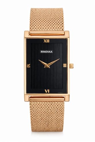 Image of Men's Rose Gold Rectangular Analog Watch | Black Textured Dial | Stainless Steel Mesh Bracelet | Premium Quartz Watch for Men