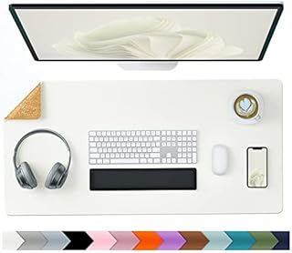 Aothia Eco-Friendly Natural Cork & Leather Double-Sided Office Desk Mat 80 * 40 cm Mouse Pad Smooth Surface Soft Easy Clean Waterproof PU Leather Desk Protector for Office/Home Gaming (Whtie)
