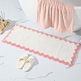 ORTIGIA Long Cute Scalloped Bathroom Rugs Runner, Fun White and Pink Plush Microfiber Scallop Bath Mats Non Slip Washable Quick Dry Absorbent, Rug Carpet for Bathtub Sink Laundry Room Bedroom, 17x47