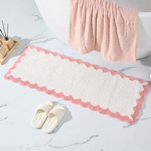 ORTIGIA Long Cute Scalloped Bathroom Rugs Runner, Fun White and Pink Plush Microfiber Scallop Bath Mats Non Slip Washable Quick Dry Absorbent, Rug Carpet for Bathtub Sink Laundry Room Bedroom, 17x47