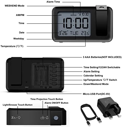 CHEREEKI Projection Alarm Clock, Digital Projector Clock Mains Powered Bedside with Big Digit Display, Indoor Temperature Display, Snooze, 4 Adjustable Brightness for Bedroom, Home(Black)