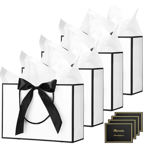 4 White Gift Bags With 8 Tissue Paper & 4 Cards 28 x 20 x 10 Cm