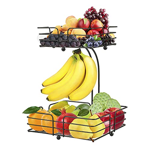Cesta de frutas para encimera, bandeja de frutas y verduras, 2 niveles, para almacenamiento de aperitivos, color negro Cover