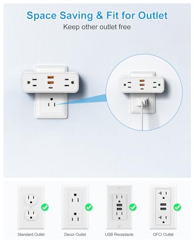 BEVA Multi Plug Wall Outlet - 4 Outlet Splitter with 3 USB Ports (1 USB C), Outlet Extender Surge Protector, 3 Sided Wall Expander for Home Kitchen Office Dorm Room Essentials