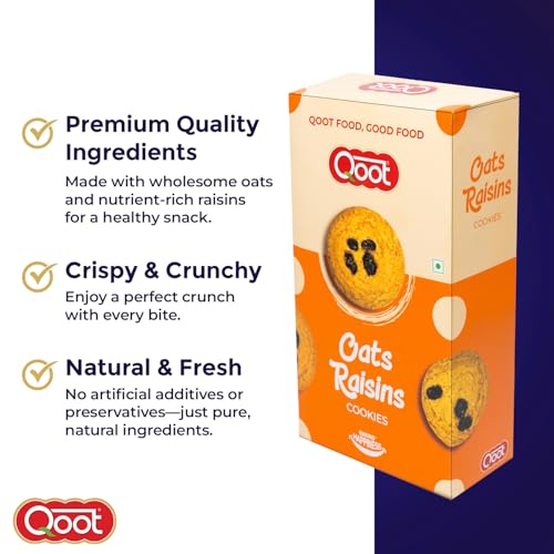 Image of Qoot Oats & Raisins Cookies (Pack of 3 x 200g) | Healthy, Crunchy Nutty Cookies & Biscuits | No Palm Oil, No Preservatives, No White Sugar | Natural, Protein-Rich Snack | Freshly Baked Snacks for Tea, Breakfast & Gifting