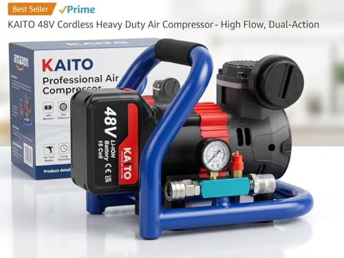 Image of KAITO 48V Cordless Air Compressor Machine | Portable Heavy-Duty Mini Compressor Pump with 15-Cell Lithium-Ion Battery & Charger | 175 Max Pressure, 75dB | Cars, Bikes, Nailing & Spray Painting Black