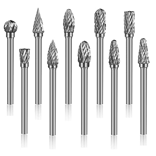 Canitu 10Pcs Rotary Burr Set Tungsten Steel Carbide Burrs Double Cut Die Grinder Bits Rotary Tool Accessories for Wood Carving Tools, Metal Engraving, Polishing, Drilling | 1/8