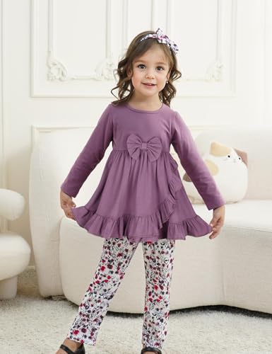 oklady Toddler Girl Clothes Unique Bow and Ruffled Design Tops Floral Pants with Headband,Toddler Girl Outfits Size 18M-5T2