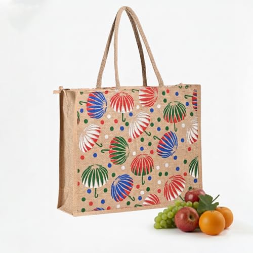 Image of Kuber Industries Jute Shopping Bag for Women with Handle | Reusable Carry /Shopping Bag for Grocery, fruits & Vegetable | Umbrella Print - Brown