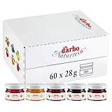 Darbo, Confetture Naturrein Assortite, Confettura in Mini Vetro, Marmellate Monodose Miste per Colazione, Albicocca, Ciliege, Lamponi, Ribes Nero, Fragole, Formato Convenienza, 60 Confetture da 28 g