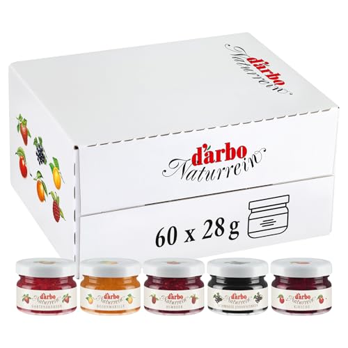 Darbo, Confetture Naturrein Assortite, Confettura in Mini Vetro, Marmellate Monodose Miste per Colazione, Albicocca, Ciliege, Lamponi, Ribes Nero, Fragole, Formato Convenienza, 60 Confetture da 28 g