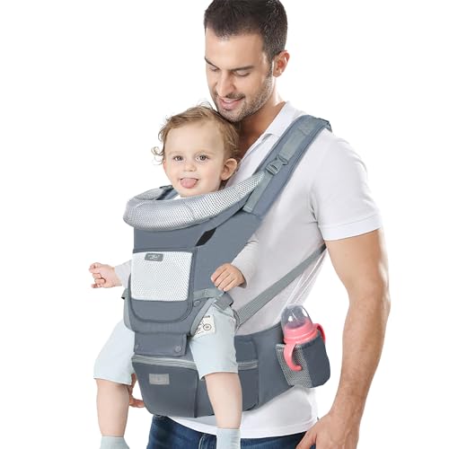 Image of Baby Carrier Ergonomic Infant Carrier with Hip Seat Kangaroo Bag Soft Baby Carrier Newborn to Toddler 7-45lbs Front and Back Baby Holder Carrier for Men Dad Mom