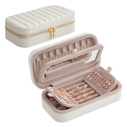 SONGMICS HOME ANAH Collection - Travel Jewellery Box, Small Jewellery Case Organiser with Mirror, 10.5 x 20.5 x 6 cm, PU Surface with Stitching, Portable, Zippers, Gift Idea, Cloud White JBC180W01