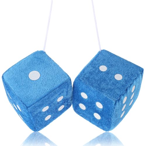 Fuzzy Dice for Rear View Mirror, Blue Fuzzy Dice for Car Mirror, 2.75inch Pair of Plush Retro Square Hanging Dice with White Dots Cute Car Decoration Ornament Accessories