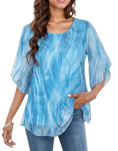 Image of Oyamiki Womens Half Sleeve Layered Flowy Chiffon Blouses Round Neck Shirts Tops