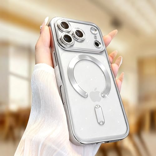 Image of Misscase for iPhone 17 Pro Max Case with Privacy Screen Protector, Built-in Lens Protector, Compatible with MagSafe, Anti-Yellowing Shockproof TPU, Bling Glitter Electroplated Cover 6.9 inch Sliver