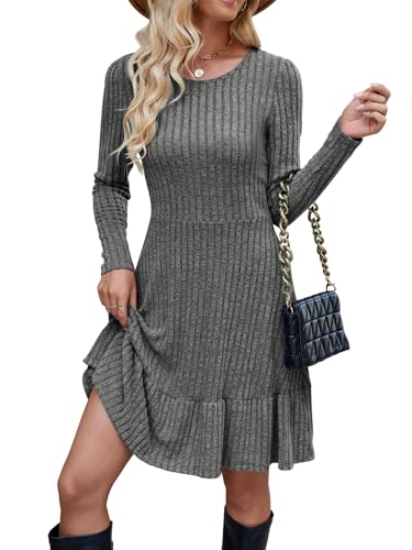 Zetieny Strickkleid Damen Herbst Leichte A Linie Herbstkleid Langarm Kleider Rundhals Winterkleid Elegant Pulloverkleid