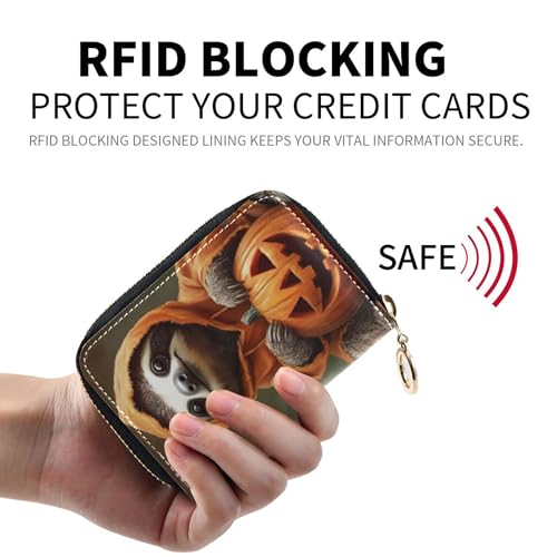 Small Women's Wallet Credit Card Holder RFID Blocking Zip Around Coin Change Purse with Zipper Sloth Halloween Pumpkin Cute2