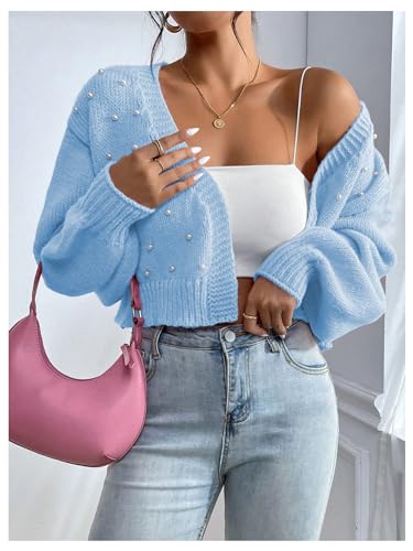 Image of SHENHE Women's Pearl Beaded Open Front Cardigan Oversize V Neck Drop Shoulder Cropped Sweater