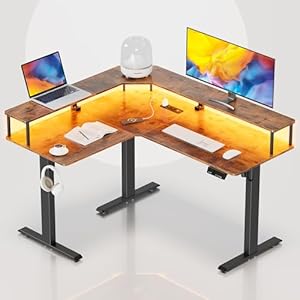 Mr IRONSTONE L Shaped Electric Standing Desk Height Adjustable Sit Stand Desk with LED Light and Power Outlet, 55″ Computer Desk with Monitor Riser