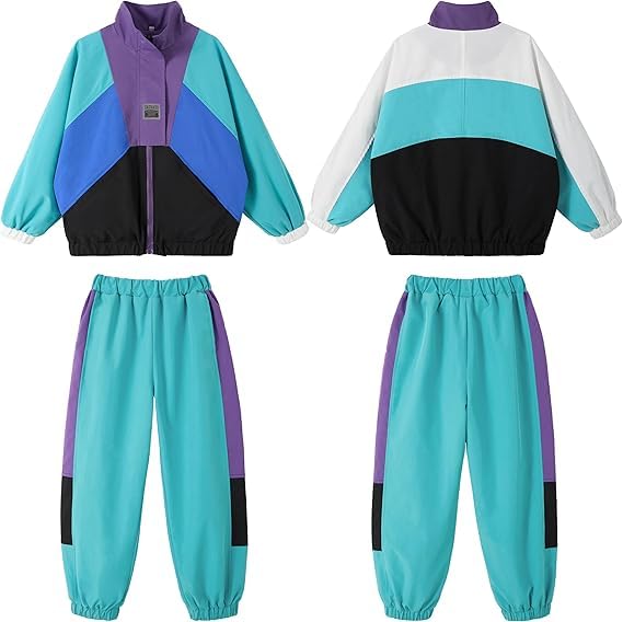 LOLANTA 2 Pezzi Vestiti Hip Hop Bambini, Unisex Abiti Blocchi di Colore Casual, Set di Giacche e Pantaloni