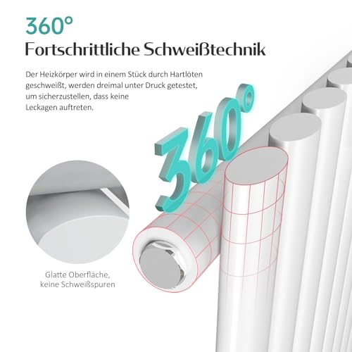 EMKE Heizkörper Klein 600x240mm, Oval Paneelheizkörper Mittelanschluss Vertikal Heizkörper Design Röhrenheizkörper Einlagig Weiß 177 Watt