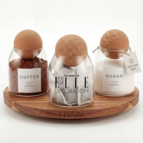 Livabl Tea Coffee and Sugar Canisters Set - Set of 3 Unique Cork Ball 500ml Glass Jars - Perfect Sugar Tea Coffee Set Organiser