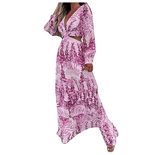 STKOOBQ Vestido maxi plissado feminino boêmio estampa floral decote em V profundo casual manga longa