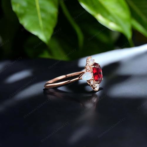 Vintage Red Ruby Engagement Ring 14k Rose Gold Opal Diamond Halo Ring Art Deco Women's Fine Jewelry July Birthstone Handmade Promise Gifts3