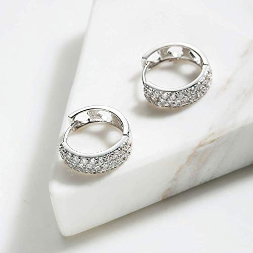 Carleen 14K White Gold Plated Sterling Silver Pave Set Stunning Cubic Zirconia Cz Simulated Diamond Small/Tiny/Mini/Little Thick Huggie Cartilage Hoop Earrings For Women Girls, Diameter 15Mm Width 5Mm #TOP7