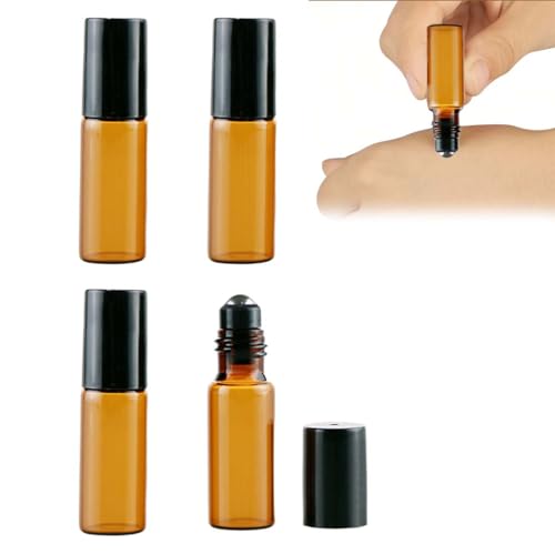 KIRZAX Roll On Aceites Esenciales 5ml 4 pcs Marrón Botellas Rollon Cristal Rellenable,Botellas Roll On Cristal con Roll-on Bola de Acero Inoxidable,para Masajes, Mezclas de Aromaterapia